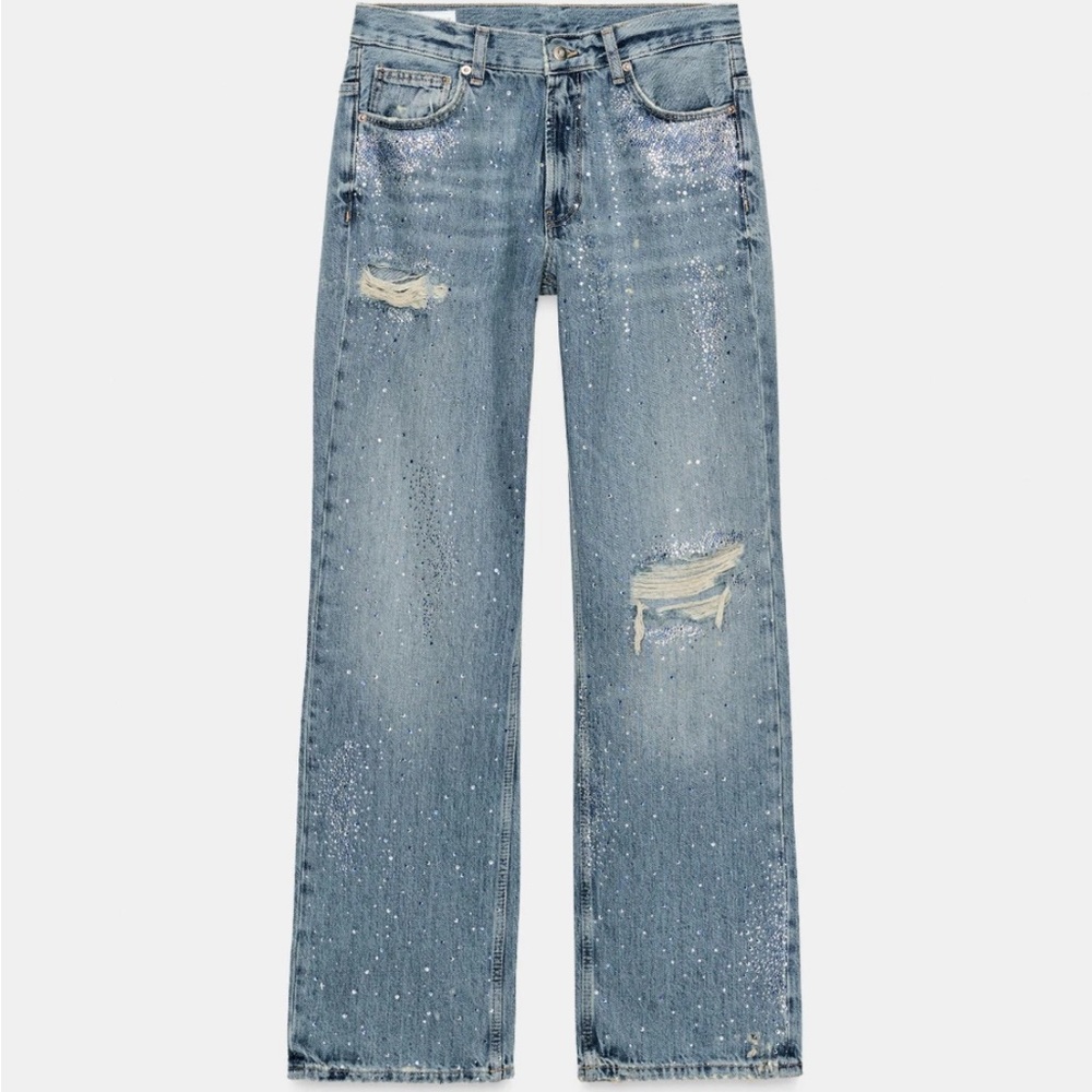 Zara TRF Ripped Wide Leg Rhinestone Jeans Blue
